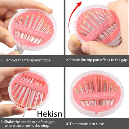 Hekisn 60pcs Premium Hand Sewing Needles, 2Pack 6 Sizes 30-Count Assorted Sewing Needles, Stitching Needles for Hand Sewing Repair，Sewing Sharp Needles Sewing Repair Embroidery Needles - style: Pink