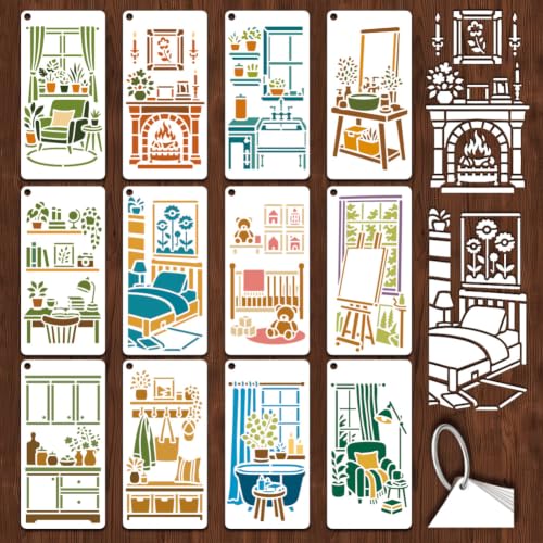 12 Sheets Cozy Home Scene Stencil for Painting, Room Furniture Drawing Templates Reusable PET Interior Design Stencils for Painting on Wall Wood Home Decor