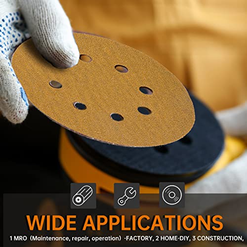 ZKH 100 PCS 5 Inch Sanding Discs, 8 Hole Hook and Loop Sanding Discs 60/80/120/180/240/320/400 Assorted Grits Sandpaper for Random Orbital Sander, Golden