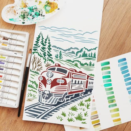 FINGERINSPIRE Train Mountain Forest Stencil 8.3x11.7inch with a Brush Steam Engine Train Stencils Rails Mountain Forest Drawing Template for DIY Painting on Walls Wood Canvas Home Decoration - style: Train Mountain Forest