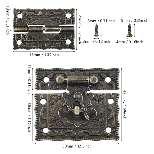 4 Sets Antique Engraved Hook Latch Hasp Hinges with Screws Kit Embossing European Gothic Style for Jewelry Wood Box Cases Repairing and Decoration, Bronze, S-hing-s4