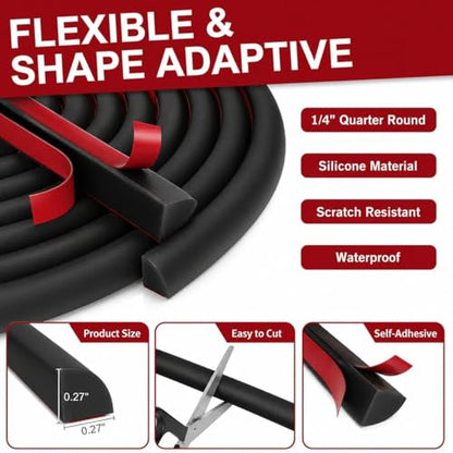 0.25" x 0.25" Mini Quarter Round Molding,20FT Self Adhesive Flexible Trim for Small Gaps, Countertop Wall Seam, Window Sill, Desk & Cabinet Edge, Peel and Stick Finishing Strip - color: Black, size: 1/4 in x 20 ft