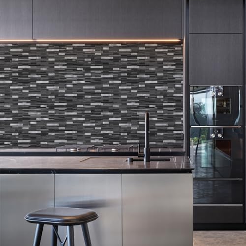 STICKGOO Peel and Stick Backsplash Tile, Stick on Backsplash for Kitchen and Bathroom, Black Grey Wood Look PVC Mixed Metal Silver Self Adhesive Wall Tiles(10 Sheets) - color: Black Grey with Metal Silver