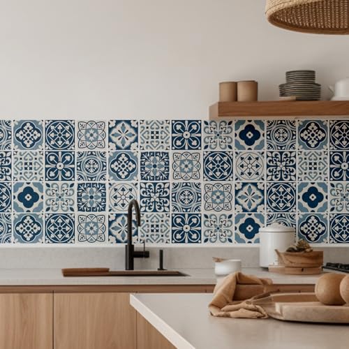 30 Pack Blue and White Peel and Stick Backsplash, 4x4 Inch Mediterranean Tile Stickers, Waterproof Vinyl Wall Decals for Kitchen & Bathroom