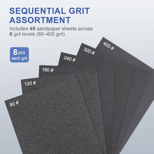 SCOTTCHEN Sandpaper 48 Pcs, 113 * 135MM Silicon Carbide Wet Dry Sanding Sheets, 80/120/180/240/320/400 Grit, for Wood Metal Furniture Refinishing Rust Removal - style: Sandpaper for Hand Sanding Blocks