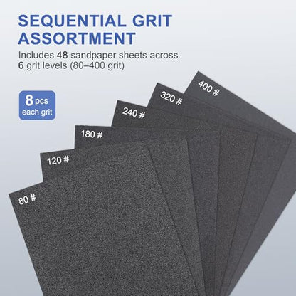 SCOTTCHEN Sandpaper 48 Pcs, 113 * 135MM Silicon Carbide Wet Dry Sanding Sheets, 80/120/180/240/320/400 Grit, for Wood Metal Furniture Refinishing Rust Removal - style: Sandpaper for Hand Sanding Blocks