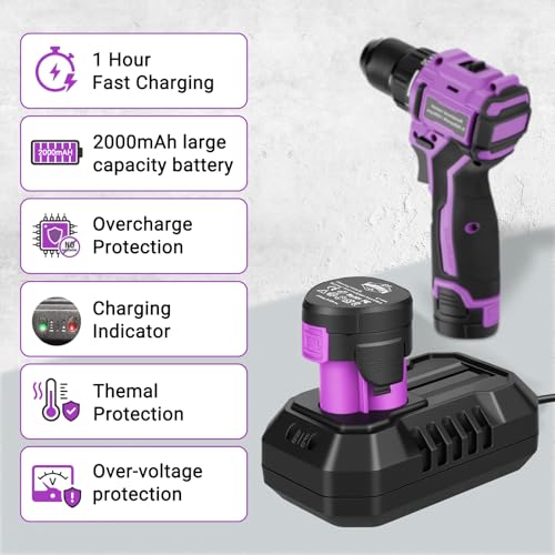 Purple Brushless Cordless Drill Set, 12V Compact Power Driver Kit with Electric Motor, Torque Setting, 50 N.m, 2 Variable Speed, Driver Bits, and Tool Box for Women Men Home DIY