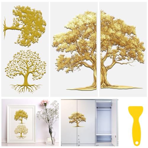 Rub on Transfers for Crafts, 3 Sheets Gold Tree Rub on Transfers Stickers 5.9 x 11.8Ines Furniture Transfers Art Decals for Bedroom Living Room Bookcase Wardrobe Table Desk Decor - color: Gold Tree