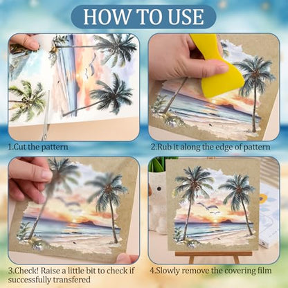 WANDIC 3 Sheets Beach Rub on Transfer Stickers Seaside Decals Sunset Stickers Waterproof Decals for for DIY,15 * 30CM - color: Beach