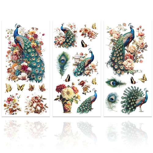 GLOBLELAND 3 Sheets Flower Peacock Furniture Transfer 6x12inch Butterfly Vase Rub on Transfer Self-Adhesive Wall Art Decals for Bedroom Living Room Desk Table Decoration - style: Peacock and Flower