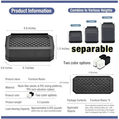 EclatBain Rectangular Adjustable Bed Risers 3&4.3 Inch, 4000 lbs, 4 Pack - color: Rectangle-4 Pack-black, size: 2 Layer(3inch)