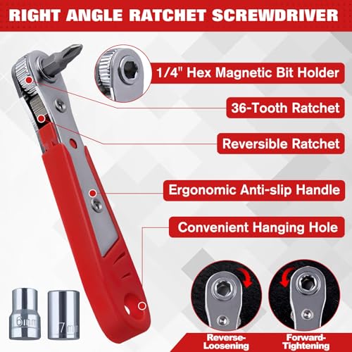 17 PCS Right Angle Ratcheting Screwdriver Set, 90 Degree Offset Screwdriver for Tight Spaces, 36-Tooth Reversible Mini Ratchet Set with 1/4" Phillips/Pozidriv/Slotted/Torx Bits and Sockets