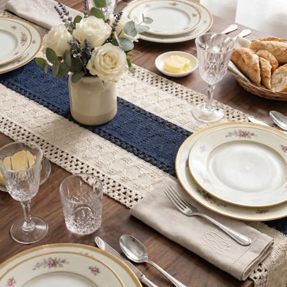 Boho Macrame Table Runner with Tassels 36in Blue Farmhouse Runner - color: White & Blue, size: 12'' x 36''