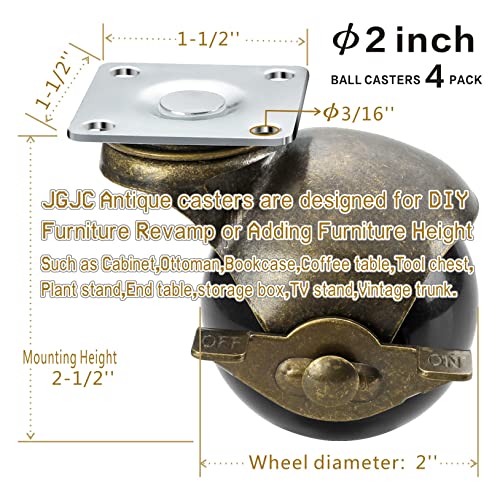 JGJC 2" Vintage Brass Solid Caster Wheels with Brake 4-Pack, 360° Swivel