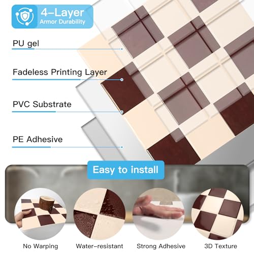 Art3d Grid Peel and Stick Backsplash, 10-Pack, Red Brown and Warm White - color: Red-brown and Warm White