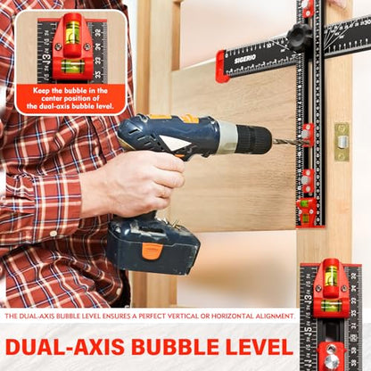 4 in 1 Drilling Positioning Ruler, Aluminum Alloy T Square Ruler 14in, Multifunctional T Ruler, Cabinet Handle Template Tool for Installating Handles, Cabinet Hardware Jig for Woodworking
