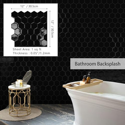 10-Sheet Hexagon Peel and Stick Kitchen Backsplash Tiles,Honeycomb Waterproof Self-Adhesive Wall Tile Stick on Backsplash for Kitchen,RV and Bathroom(Black,12"×12") - color: Black