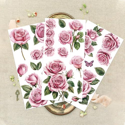 GLOBLELAND 3 Sheets Pink Rose Rub on Transfer for Furniture 6×12 inch - style: Pink Rose
