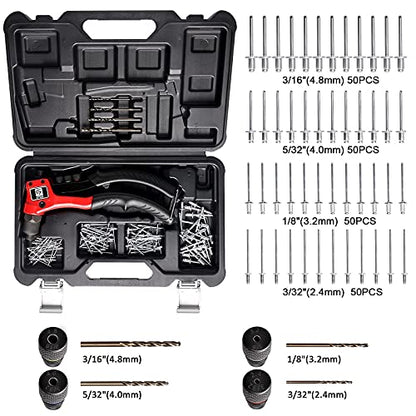GIANTISAN Rivet Gun Kit with 200 Pop Rivets, 4 Drill Bits and a case