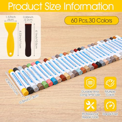 60+2 Pcs Wood Filler Sticks & Wood Crayons for Scratches, 30 Colors Wax Repair Kit with 2 Scrapers for Furniture, Floors, Cabinets, Baseboards - Quick & Easy Touch Up