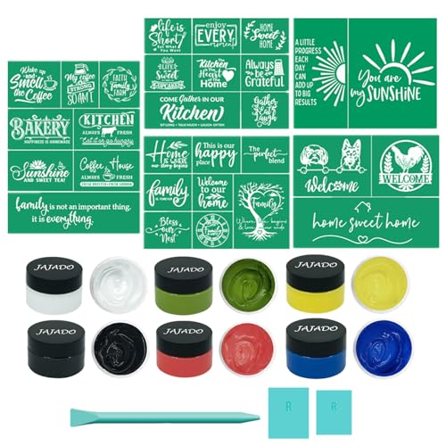 JAJADO 14 Pcs Kitchen/Coffee/Family Silk Screen Stencils Reusable Farmhouse Screen Transfers Burnning Stencils for Chalk Paste Paint Craft on Wood/Fabric/Glass, DIY Office/Dining Room/Home Decor - color: 14pcs Stencil with Paints