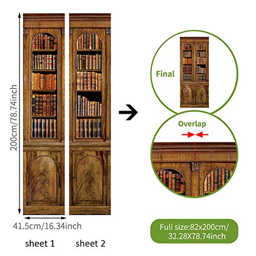 Modern Art Self Stick Vinyl Door Mural Sticker, Peel and Stick Removable Refrigerator Wrap Decal, Bookcase, 32.3x78.7, 2 Pcs Set - color: Bookcase