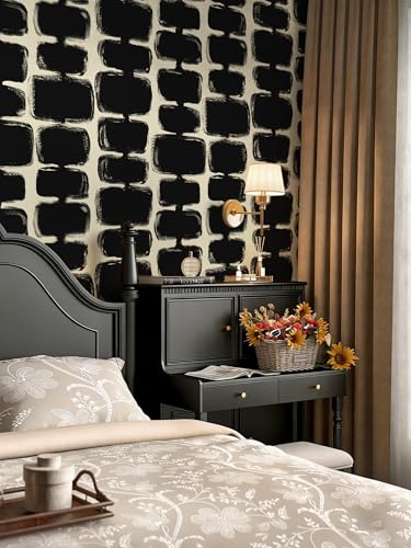 Safiyya 17.3"x393" Peel and Stick Wallpaper Black and Cream White Contact Paper Mid Century Modern Abstract Geometric Wall Paper Self Adhesive Removable Wallpaper for Bathroom and Bedroom Vinyl - color: Black and Cream White, size: 17.3" x 393"