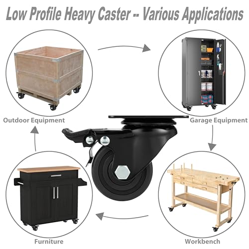 Finnhomy 2.5 Inch Caster Wheels Set of 4 Heavy Duty Low Profile Plate Swivel Casters with Brake Premium Nylon Wheels 3,300 Lbs Anti-wear Lockable Furniture Casters Sturdy for Toolbox Workbench Black - size: 2.5" (with Brake)
