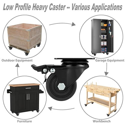 Finnhomy 2.5 Inch Caster Wheels Set of 4 Heavy Duty Low Profile Plate Swivel Casters with Brake Premium Nylon Wheels 3,300 Lbs Anti-wear Lockable Furniture Casters Sturdy for Toolbox Workbench Black - size: 2.5" (with Brake)