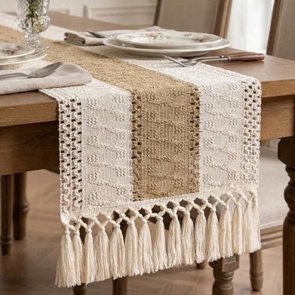 Boho Macrame Table Runner with Tassels 60in Brown Farmhouse Runner - color: White & Brown, size: 12'' x 60''