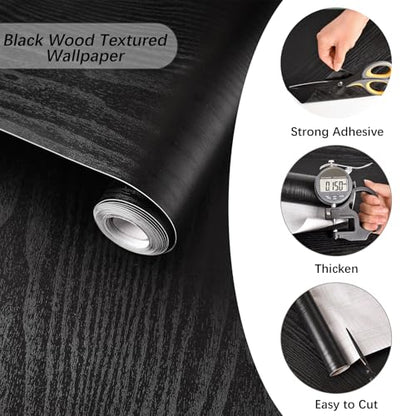 Black Wood Grain Wallpaper Contact Paper for Cabinets 118’’17.7’’ - size: 17.7"W x 118"L