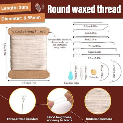 Upholstery Thread Repair Sewing Kit, 32 Yard Waxed Thread Leather Needles - color: Beige
