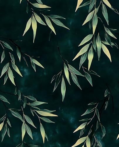 Dark Green Gold Bamboo Leaves Peel and Stick Wallpaper 17.5" x 118" - color: Teal Green/Gold, size: 17.5" x 118"