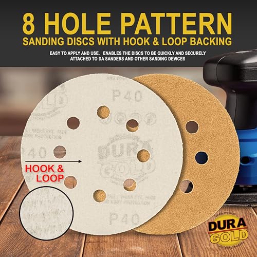 Dura-Gold 5" Gold Sanding Discs, 40 Grit, Box of 25, 8 Hole Pattern, H & L - size: 40-Grit - Gold