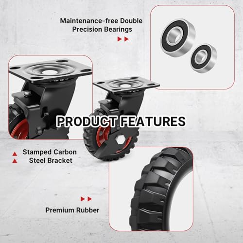 5 Inch Outdoor Heavy Duty Casters Wheels Set of 4, Sturdy Large Rubber Casters with Brake, Industrial Grade Plate Swivel Castors 1080 LBS with Knobby Tread for Workbench, Cart, Chicken Coop - size: 5 IN