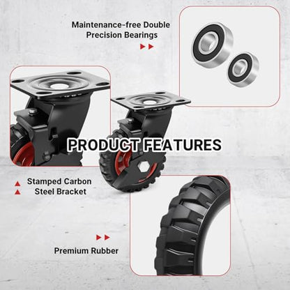 5 Inch Outdoor Heavy Duty Casters Wheels Set of 4, Sturdy Large Rubber Casters with Brake, Industrial Grade Plate Swivel Castors 1080 LBS with Knobby Tread for Workbench, Cart, Chicken Coop - size: 5 IN