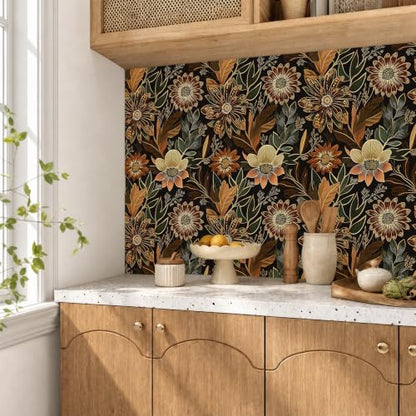 Laatse Boho Dark Black Gold Floral Wallpaper Peel and Stick 17.5"x118" - color: Black/Brown, size: 17.5" x 118"
