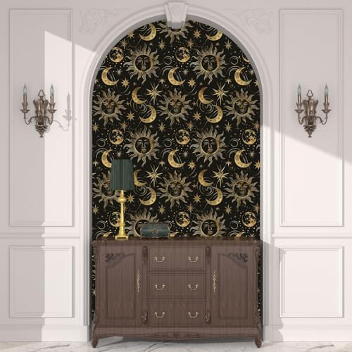 Laatse Celestial Sun Moon Wallpaper Peel and Stick 17.5"x 393",Black/Golden - color: Gold moon, size: 17.5" x 393.7"