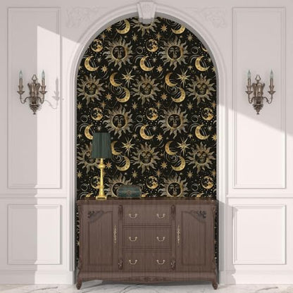 Laatse Celestial Sun Moon Wallpaper Peel and Stick 17.5"x 393",Black/Golden - color: Gold moon, size: 17.5" x 393.7"