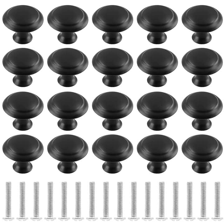 1Inch Matte Black Round Cabinet Knobs, 20Pcs