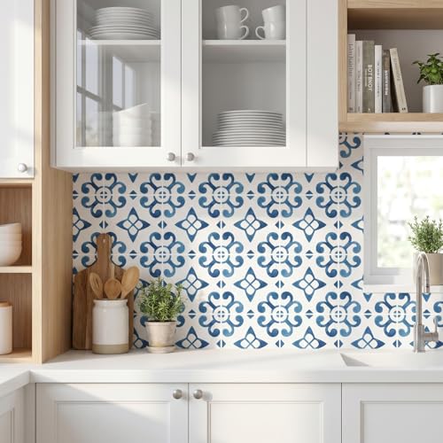 16 Pack, 5.9 Inch Watercolor Tile Decals, Artisan Blue and White Peel and Stick Vinyl for Backsplash, Stairs & Furniture
