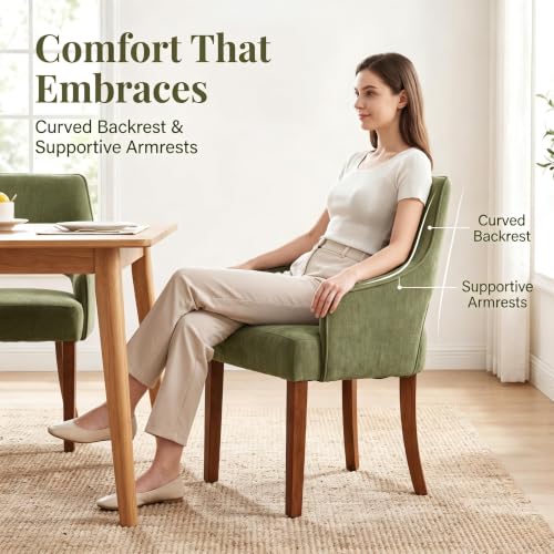 chairus Farmhouse Dining Chairs with Arms Set of 4, Chenille Upholstered Kitchen Chairs, Curved Open Back Dining Room Chairs with Thick Cushion & Walnut Wood Legs, Green - color: Green