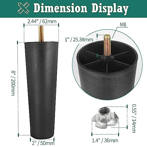 4pcs Plastic Furniture Legs 8" with T-Nuts, M8-1.25 Thread Bolt - size: 8 Inch, M8-1.25 Metric Thread Bolts