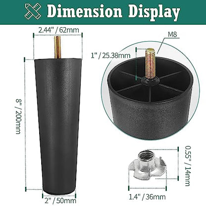 4pcs Plastic Furniture Legs 8" with T-Nuts, M8-1.25 Thread Bolt - size: 8 Inch, M8-1.25 Metric Thread Bolts
