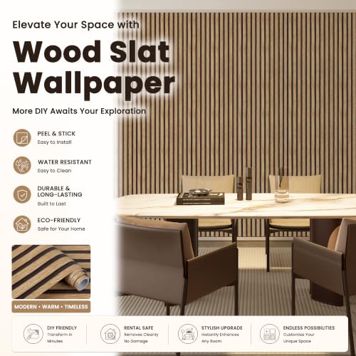Abyssaly Brown Wood Slat Wall Panel Peel and Stick Wallpaper - color: Yellowish Brown, size: 17.7" x 118"