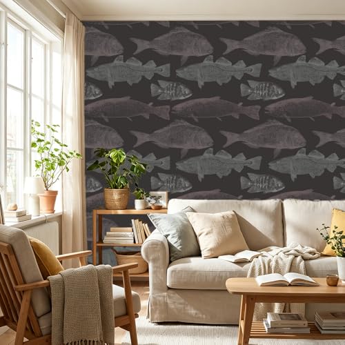 Peel and Stick Wallpaper, Dark Background Fish Sketch Pattern, 236in x 17.7in, Waterproof Vinyl, Removable Reusable, Eco-Friendly, for Bedroom Living Room Rental Apartment - color: Green04, size: 17.7" x 236.2"