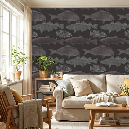 Peel and Stick Wallpaper, Dark Background Fish Sketch Pattern, 236in x 17.7in, Waterproof Vinyl, Removable Reusable, Eco-Friendly, for Bedroom Living Room Rental Apartment - color: Green04, size: 17.7" x 236.2"