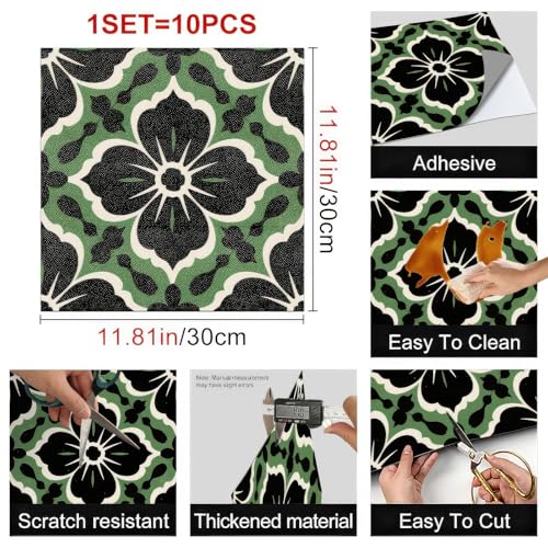 HOMETITUTE Green Black Floral Peel Stick Floor Tile 12x12 Vinyl - color: Green#1