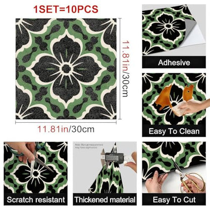 HOMETITUTE Green Black Floral Peel Stick Floor Tile 12x12 Vinyl - color: Green#1