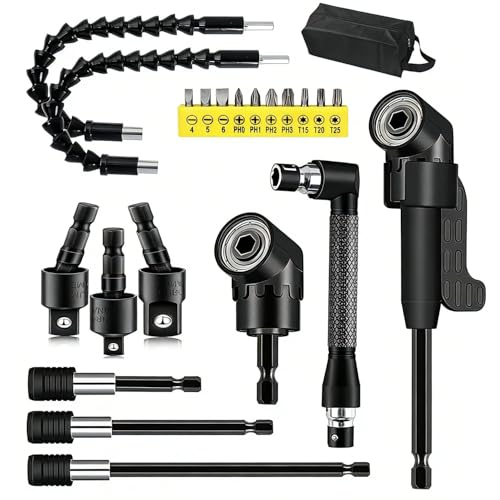 21 Pcs Right Angle Drill Attachment Set Includes 2Pcs Flexible Drill Bit Extension 3Pcs 360° Rotatable 1/4 3/8 1/2" Impact Grade Socket Adapter 3Pcs Drill Bit Holder 10 Short Screwdriver Bits - color: 21pcs